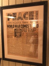  Family Heritage Estate Sales, LLC. New Jersey Estate Sales/ Pennsylvania Estate Sales. The Raleigh Times Peace! Old Newspaper. Framed.