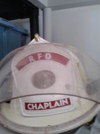 Chaplain's fire department helmet, also a pair of fireman's boots (not pictured)