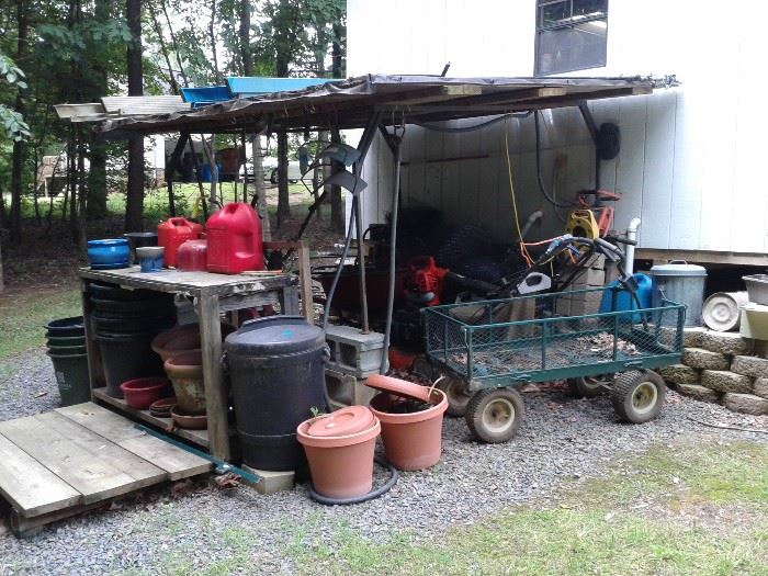 yard cart, pots, and more