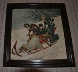 Period Walnut framed textile print of 3 women in Victorian dress sleigh riding.