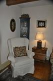 One of Matching Pair Scrug's & Hadin Wing Backed Chairs, Tall Clock Case Painted Pine Cupboard & Pine 1 Drawer Drop Front Stand.