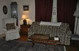 Over-Stuffed Sofa, 1 of Matching Pair Scrug's & Hadin Wing Backed Chairs, stretcher base pine bench & primative tool carrier.