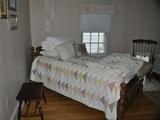 Maple Single Cannon Ball bed & Patchwork Quilts, Maple Dressing Bench & Early Maple Plank Seat Rocker.