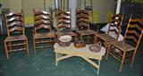 Set of 6 Maple Ladder Back Chairs w/2 Captains, Bucket Bench & Baskets