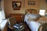 Maple Flat Winged Chair, Early Pine Chest, Metal Painted Bed, OG Mirror & Quilts