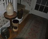 Assorted Stoneware Crocks & Jugs & early pine candle stand.