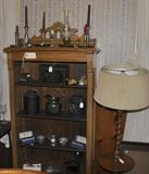 Eastlake Oak Bookcase, Brass & Pewter Push-up Candle Sticks