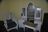 1930's-40's fancy Cottage furniture Shabby Chic vanity & bench also painted wicker rocker