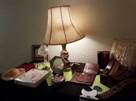 Assorted Wooden Desk Top Accessories, Candle Holders, Lamp