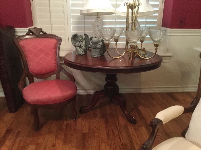 Lovely Antique Table, Brass Light Fixture.