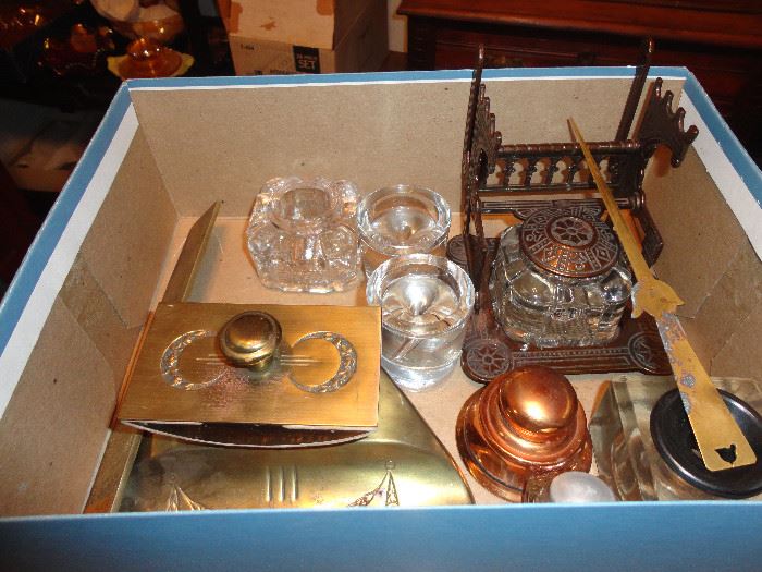 Assorted collection of ink wells and desk items - antique and vintage.
