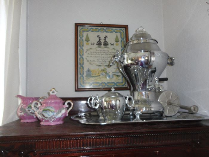 Vintage Coffee maker with creamer, sugar and matching tra - excellent condition.  Antique creamer and sugar from Bavaria.