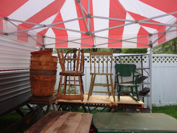 Large assortment of antique chairs, apple barrels - also two sleds, not pictured.