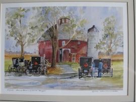 Signed print round barn and Amish wagons