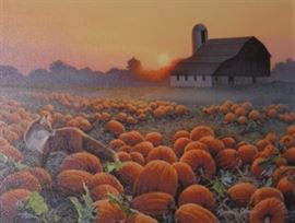 Print on canvas fox in pumpkin field