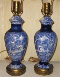 Vintage blue and white transferware lamps