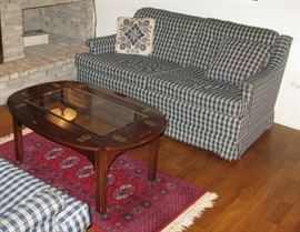 Butlers table and navy and white check love seat
