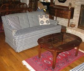 navy and white check love seat butlers table oak demilune server