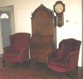 Walnut secretary upholstered chairs clock