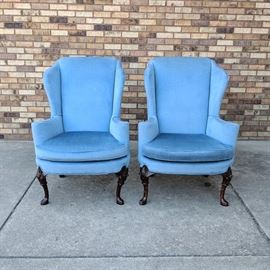 Pair of Chippendale style blue chenille wing chairs - $300/pair  MARKDOWN now $100/ pair 
