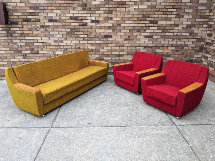 - Mid century modern green convertible beech wood daybed sofa West Germany - $500
- Pair of Mid century modern red beech wood lounge chairs West Germany - $400/pair 
