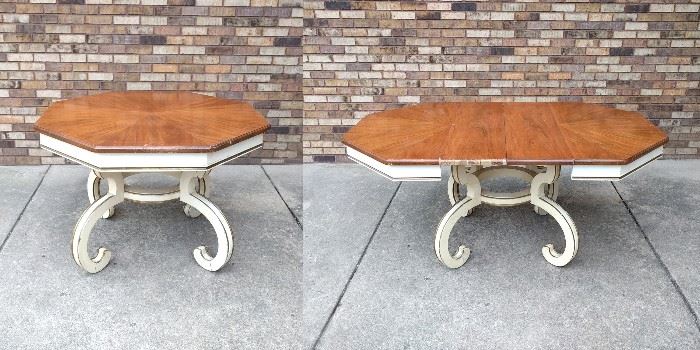 Hollywood regency walnut top scroll base dining table with 2 leaves - $200

