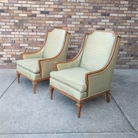 Pair of Mid Century high back wood frame arm chairs in original light green fabric - $300/pair MARKDOWN now $100/pair 
