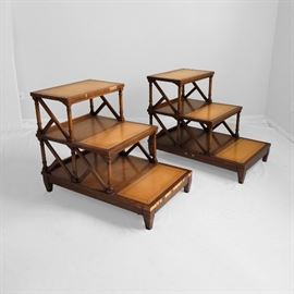 Pair of mahogany & leather top lattice tiered tables by Imperial - $199 - MARKDOWN $75/pair 
