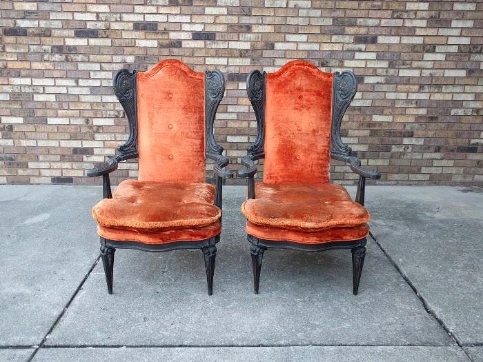 - Pair of hollywood regency orange velvet ebony frame wing chairs, original-found condition - $200

