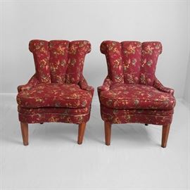 Pair of High scroll back slipper chairs in red floral fabric - $200/pair - MARKDOWN $75/pair 
