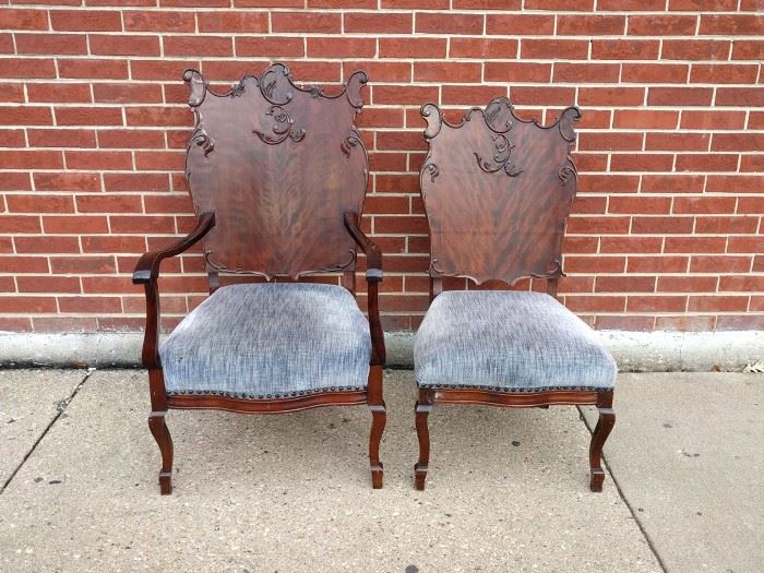 Pair of His & hers art nouveau style carved back parlo chairs blue velvet - $299

