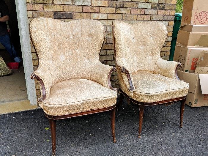 Pair of 1940's carved mahogany frame petite wing chairs, original-ound condition $200/pair
