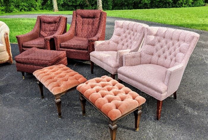 Mid century modern pair of swivel chairs with matching ottoman - $400/set,  Pair of pink fabric chairs - $75/pair, Pair of pink velvet brass footed tufted ottomans - $250/pair 