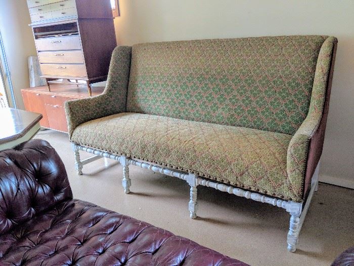 7ft Antique shabby chic chenille & velvet high back Banquette sofa - $300 MARKDOWN now $200
