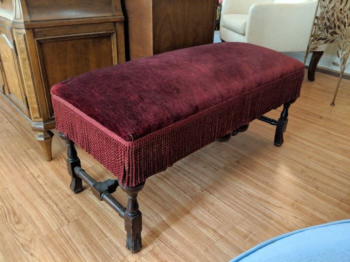 Antique red velvet fringed mahogany bench - $200

