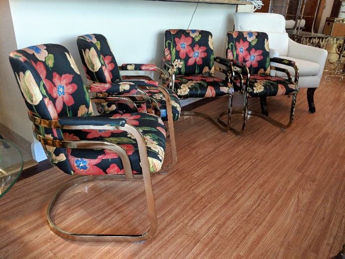 Set of 4 Milo Baughman style brass waterfall dining chairs in black floral - SALE PENDING 
