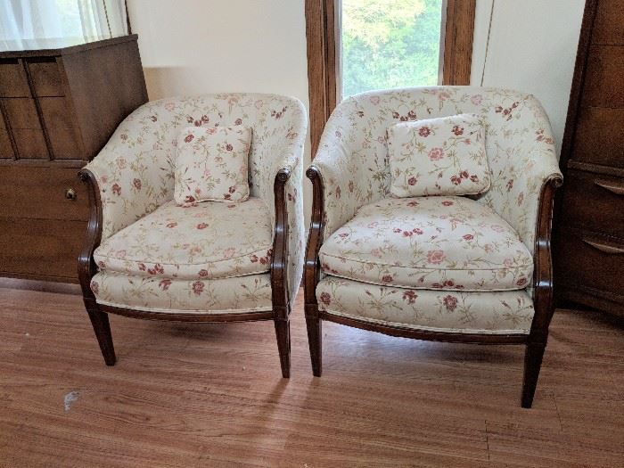 SOLD Pair of mahogany barrel back chairs in ivory floral fabric  
