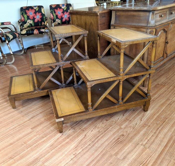 Pair of mahogany & leather top lattice tiered tables by Imperial, veneer damage - $199 MARKDOWN now $75
