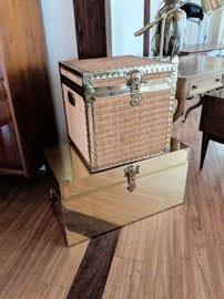Brass and wicker square trunk - $75
Gold cedar-lined rectangular trunk/ case - $150