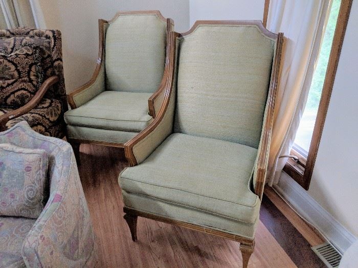 Pair of Mid Century high back wood frame arm chairs in original light green fabric - $300/pair  MARKDOWN $100/pair 
