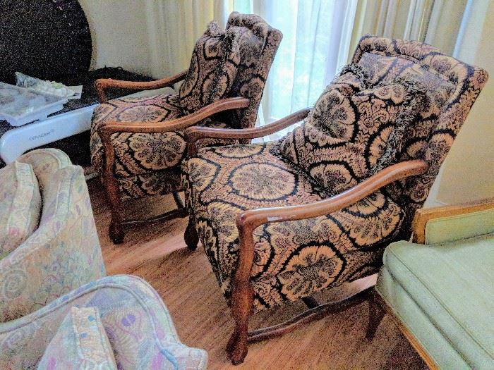 Pair of designer feather fill Mahogany frame decorators chairs - SOLD 