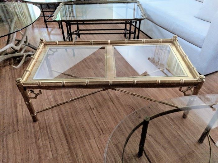 Gold paint finish Faux Bamboo glass top coffee table - $250

