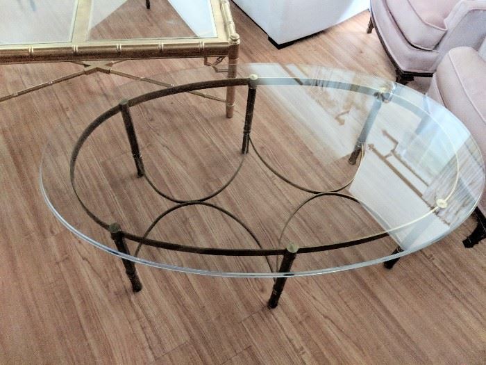 Brass base bevelled glass top coffee table - $150

