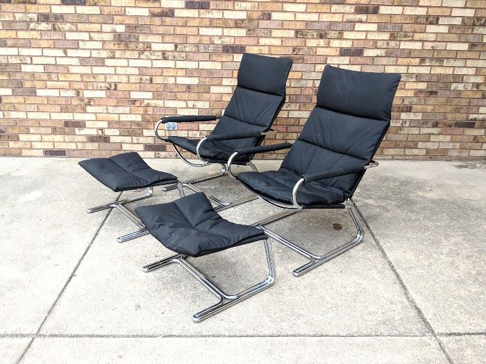 Pair of Mid century modern chrome frame lounge chairs w/ottmans in style of Jerry johnson - $275 each 

