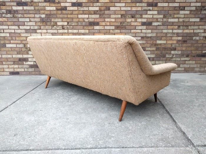 Danish modern sculptural sofa with walnut legs, original beige tweed fabric - $600

