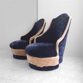 Pair of Mid century modern blue crushed velvet high back lounge chairs, style of Adrian Pearsall - $500/pair 
