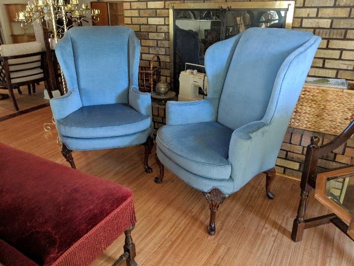 Pair of Chippendale style blue chenille wing chairs - $300/pair - MARKDOWN $100/PAIR 
