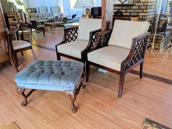 Pair of chinese chippendale lattice arm chairs - SOLD
Chippendale style blue velvet tufted ottoman $75
