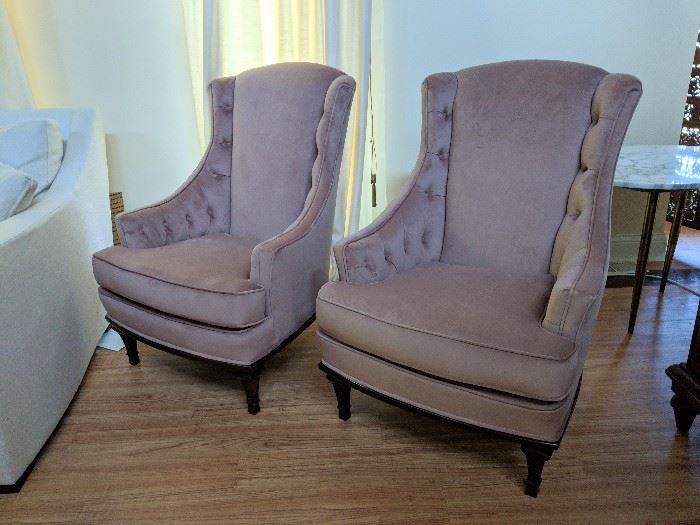 Pair of newly restored Mid Century Velvet Wing chairs-  $600/each


