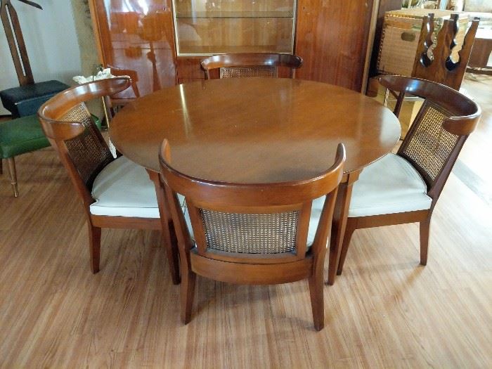 SOLD - Mid century walnut game table with 4 rattan back chairs 
